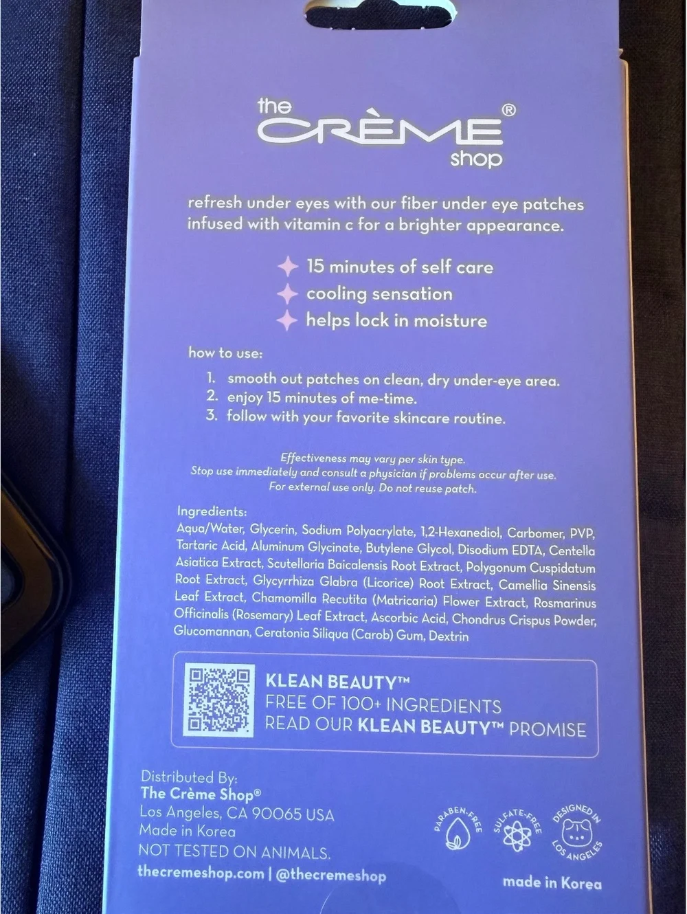The Crème Shop Klean Beauty Fiber Eye Patches with Brightening Vitamin C,NEW